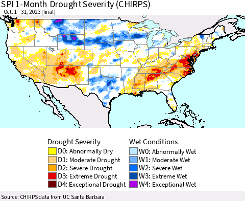 United States SPI 1-Month Drought Severity (CHIRPS) Thematic Map For 10/1/2023 - 10/31/2023