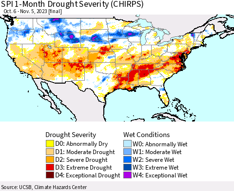 United States SPI 1-Month Drought Severity (CHIRPS) Thematic Map For 10/6/2023 - 11/5/2023