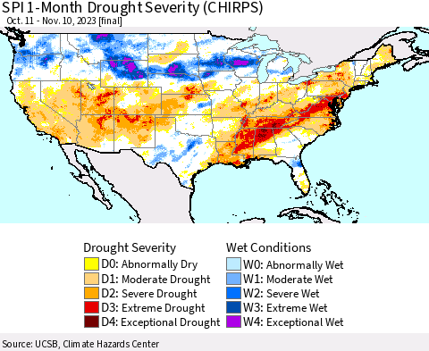 United States SPI 1-Month Drought Severity (CHIRPS) Thematic Map For 10/11/2023 - 11/10/2023