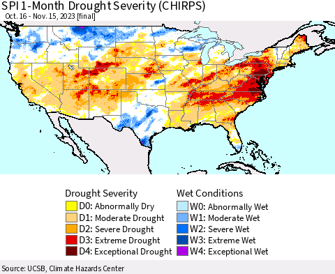 United States SPI 1-Month Drought Severity (CHIRPS) Thematic Map For 10/16/2023 - 11/15/2023