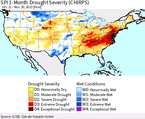 United States SPI 1-Month Drought Severity (CHIRPS) Thematic Map For 10/21/2023 - 11/20/2023