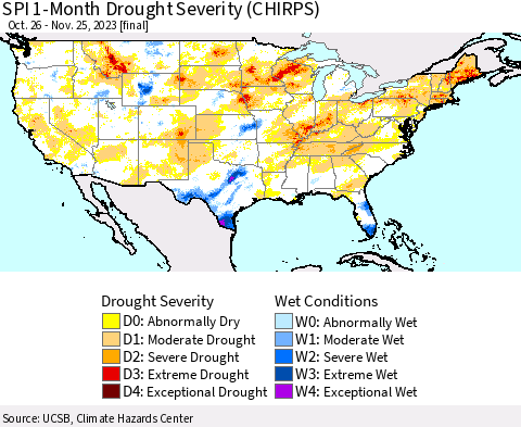 United States SPI 1-Month Drought Severity (CHIRPS) Thematic Map For 10/26/2023 - 11/25/2023