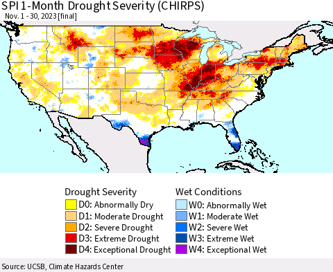 United States SPI 1-Month Drought Severity (CHIRPS) Thematic Map For 11/1/2023 - 11/30/2023