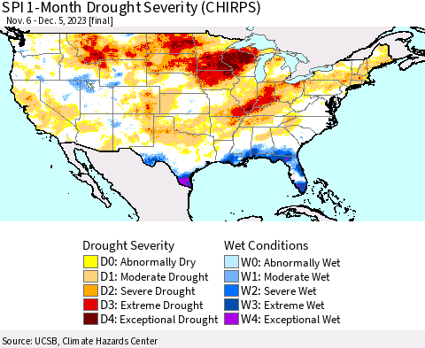 United States SPI 1-Month Drought Severity (CHIRPS) Thematic Map For 11/6/2023 - 12/5/2023