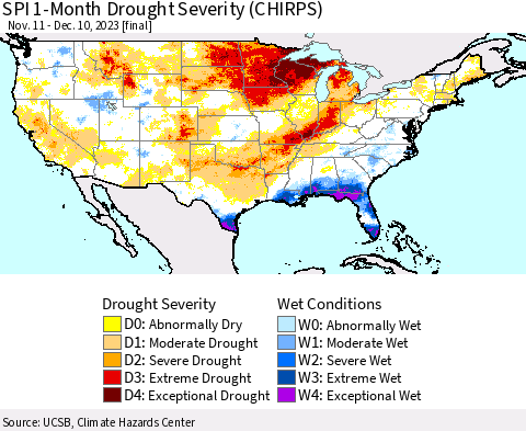 United States SPI 1-Month Drought Severity (CHIRPS) Thematic Map For 11/11/2023 - 12/10/2023