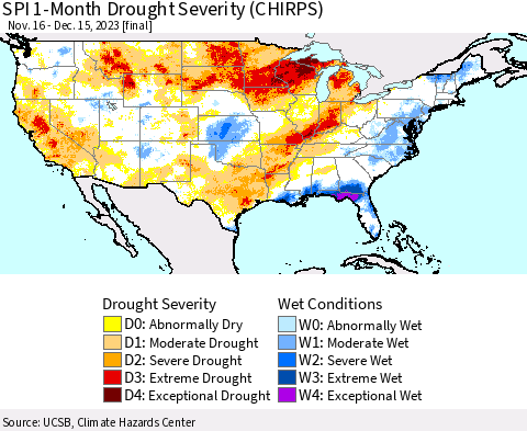 United States SPI 1-Month Drought Severity (CHIRPS) Thematic Map For 11/16/2023 - 12/15/2023