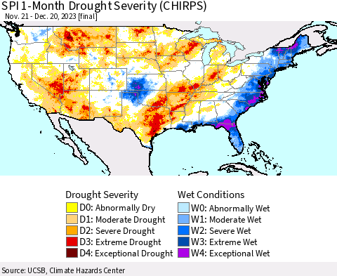 United States SPI 1-Month Drought Severity (CHIRPS) Thematic Map For 11/21/2023 - 12/20/2023