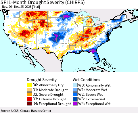 United States SPI 1-Month Drought Severity (CHIRPS) Thematic Map For 11/26/2023 - 12/25/2023
