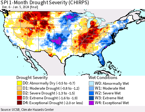 United States SPI 1-Month Drought Severity (CHIRPS) Thematic Map For 12/6/2023 - 1/5/2024