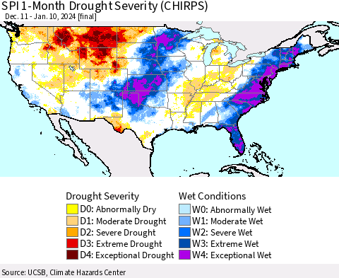 United States SPI 1-Month Drought Severity (CHIRPS) Thematic Map For 12/11/2023 - 1/10/2024