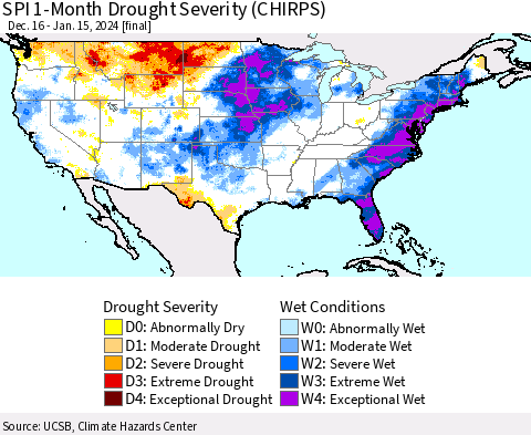 United States SPI 1-Month Drought Severity (CHIRPS) Thematic Map For 12/16/2023 - 1/15/2024