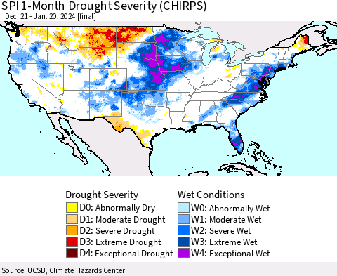 United States SPI 1-Month Drought Severity (CHIRPS) Thematic Map For 12/21/2023 - 1/20/2024