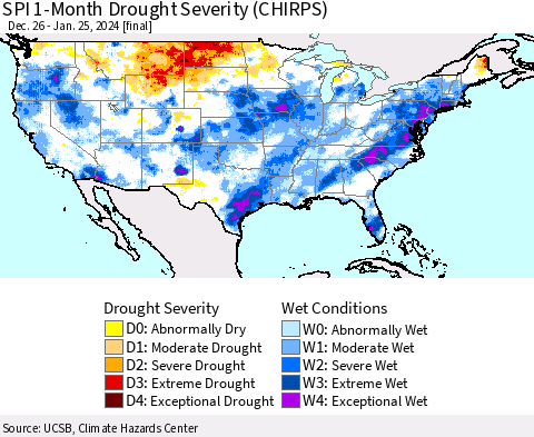 United States SPI 1-Month Drought Severity (CHIRPS) Thematic Map For 12/26/2023 - 1/25/2024