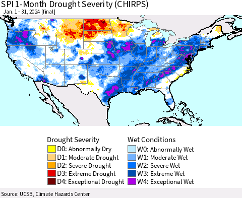 United States SPI 1-Month Drought Severity (CHIRPS) Thematic Map For 1/1/2024 - 1/31/2024