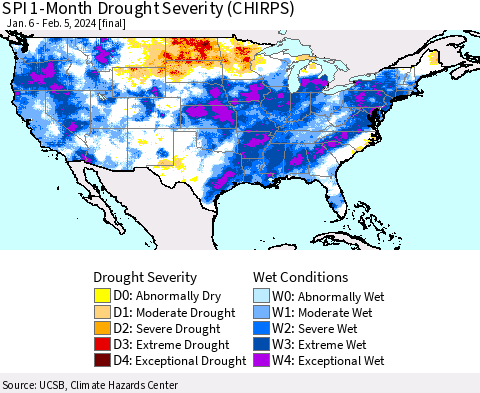 United States SPI 1-Month Drought Severity (CHIRPS) Thematic Map For 1/6/2024 - 2/5/2024
