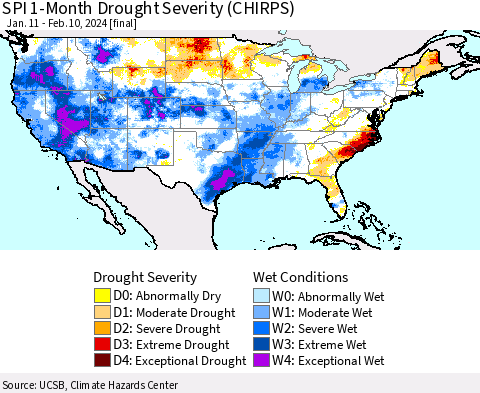 United States SPI 1-Month Drought Severity (CHIRPS) Thematic Map For 1/11/2024 - 2/10/2024