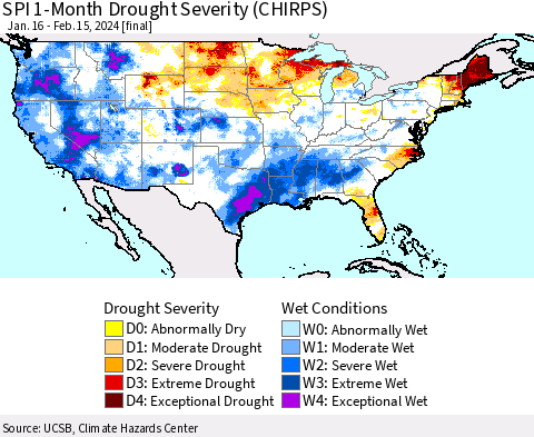 United States SPI 1-Month Drought Severity (CHIRPS) Thematic Map For 1/16/2024 - 2/15/2024