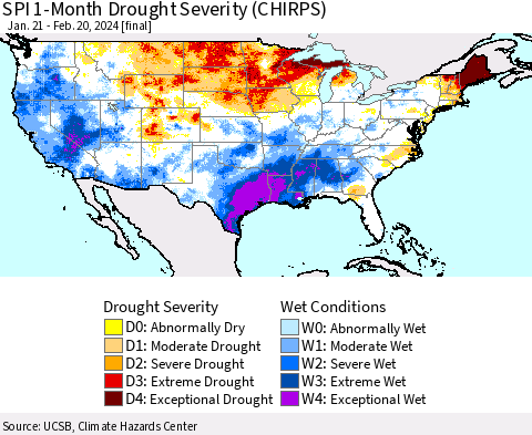 United States SPI 1-Month Drought Severity (CHIRPS) Thematic Map For 1/21/2024 - 2/20/2024