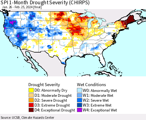 United States SPI 1-Month Drought Severity (CHIRPS) Thematic Map For 1/26/2024 - 2/25/2024