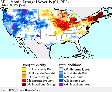 United States SPI 1-Month Drought Severity (CHIRPS) Thematic Map For 2/1/2024 - 2/29/2024