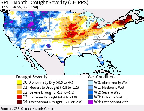 United States SPI 1-Month Drought Severity (CHIRPS) Thematic Map For 2/6/2024 - 3/5/2024