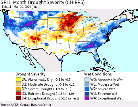United States SPI 1-Month Drought Severity (CHIRPS) Thematic Map For 2/11/2024 - 3/10/2024