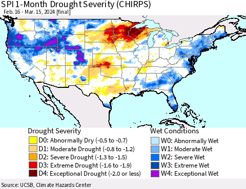United States SPI 1-Month Drought Severity (CHIRPS) Thematic Map For 2/16/2024 - 3/15/2024