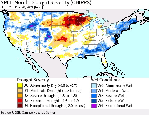 United States SPI 1-Month Drought Severity (CHIRPS) Thematic Map For 2/21/2024 - 3/20/2024