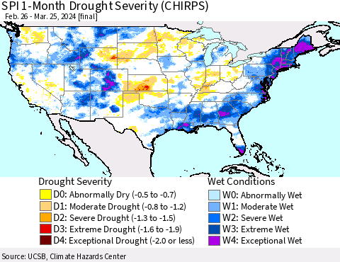 United States SPI 1-Month Drought Severity (CHIRPS) Thematic Map For 2/26/2024 - 3/25/2024