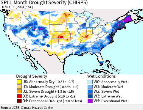 United States SPI 1-Month Drought Severity (CHIRPS) Thematic Map For 3/1/2024 - 3/31/2024