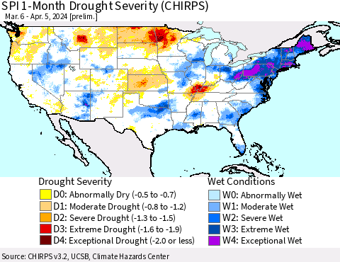 United States SPI 1-Month Drought Severity (CHIRPS) Thematic Map For 3/6/2024 - 4/5/2024