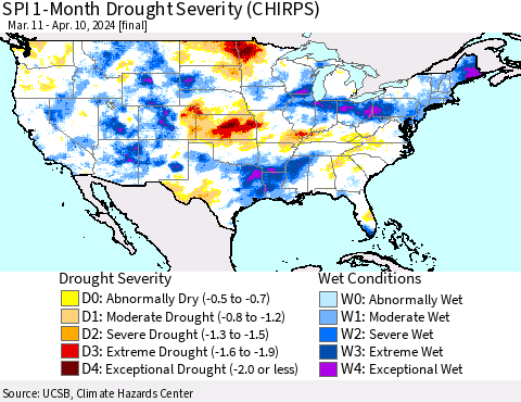 United States SPI 1-Month Drought Severity (CHIRPS) Thematic Map For 3/11/2024 - 4/10/2024