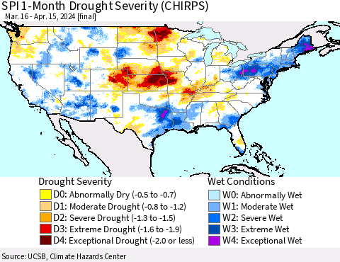 United States SPI 1-Month Drought Severity (CHIRPS) Thematic Map For 3/16/2024 - 4/15/2024