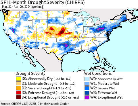 United States SPI 1-Month Drought Severity (CHIRPS) Thematic Map For 3/21/2024 - 4/20/2024