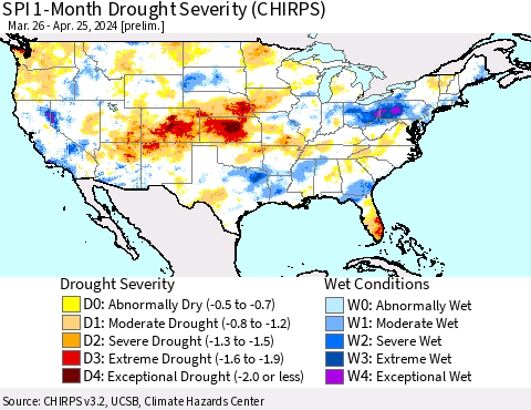 United States SPI 1-Month Drought Severity (CHIRPS) Thematic Map For 3/26/2024 - 4/25/2024
