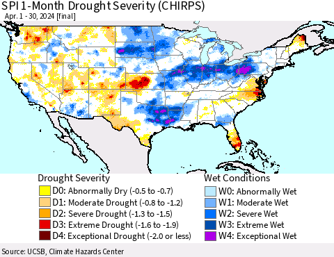 United States SPI 1-Month Drought Severity (CHIRPS) Thematic Map For 4/1/2024 - 4/30/2024