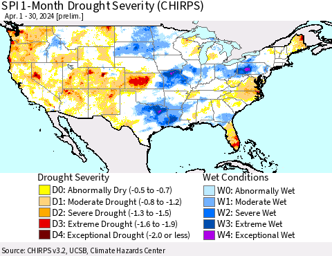 United States SPI 1-Month Drought Severity (CHIRPS) Thematic Map For 4/1/2024 - 4/30/2024