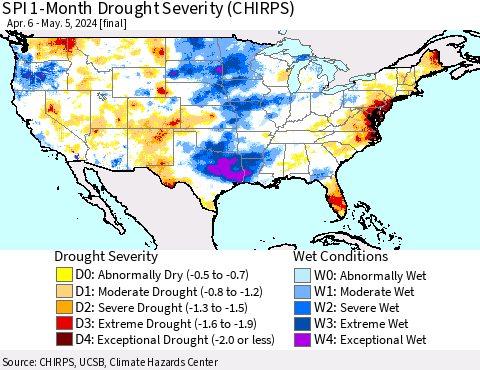 United States SPI 1-Month Drought Severity (CHIRPS) Thematic Map For 4/6/2024 - 5/5/2024