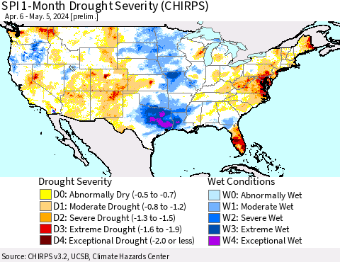 United States SPI 1-Month Drought Severity (CHIRPS) Thematic Map For 4/6/2024 - 5/5/2024