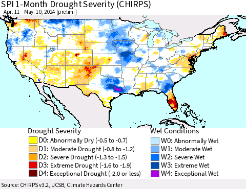 United States SPI 1-Month Drought Severity (CHIRPS) Thematic Map For 4/11/2024 - 5/10/2024