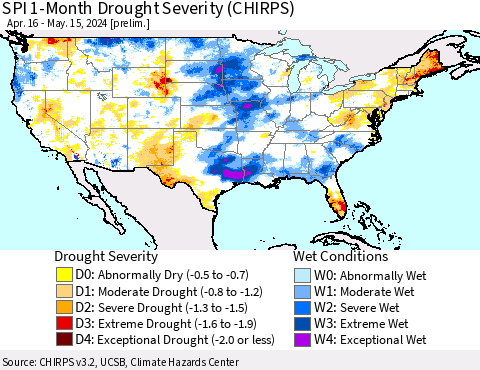 United States SPI 1-Month Drought Severity (CHIRPS) Thematic Map For 4/16/2024 - 5/15/2024