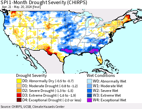 United States SPI 1-Month Drought Severity (CHIRPS) Thematic Map For 4/21/2024 - 5/20/2024