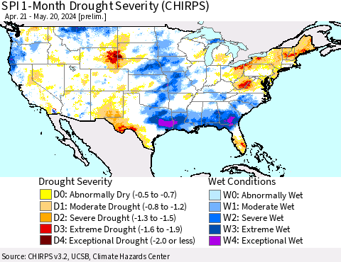 United States SPI 1-Month Drought Severity (CHIRPS) Thematic Map For 4/21/2024 - 5/20/2024