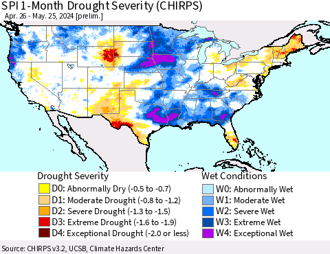 United States SPI 1-Month Drought Severity (CHIRPS) Thematic Map For 4/26/2024 - 5/25/2024