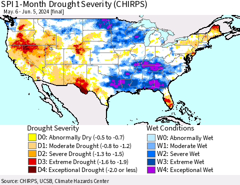 United States SPI 1-Month Drought Severity (CHIRPS) Thematic Map For 5/6/2024 - 6/5/2024