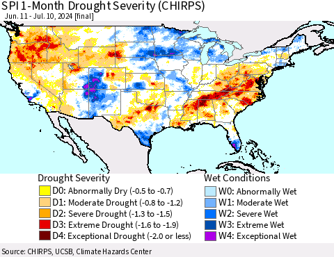 United States SPI 1-Month Drought Severity (CHIRPS) Thematic Map For 6/11/2024 - 7/10/2024