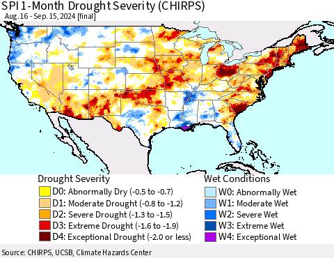 United States SPI 1-Month Drought Severity (CHIRPS) Thematic Map For 8/16/2024 - 9/15/2024