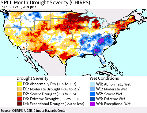 United States SPI 1-Month Drought Severity (CHIRPS) Thematic Map For 9/6/2024 - 10/5/2024