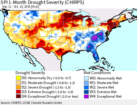 United States SPI 1-Month Drought Severity (CHIRPS) Thematic Map For 9/11/2024 - 10/10/2024