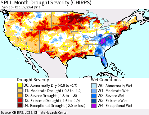United States SPI 1-Month Drought Severity (CHIRPS) Thematic Map For 9/16/2024 - 10/15/2024